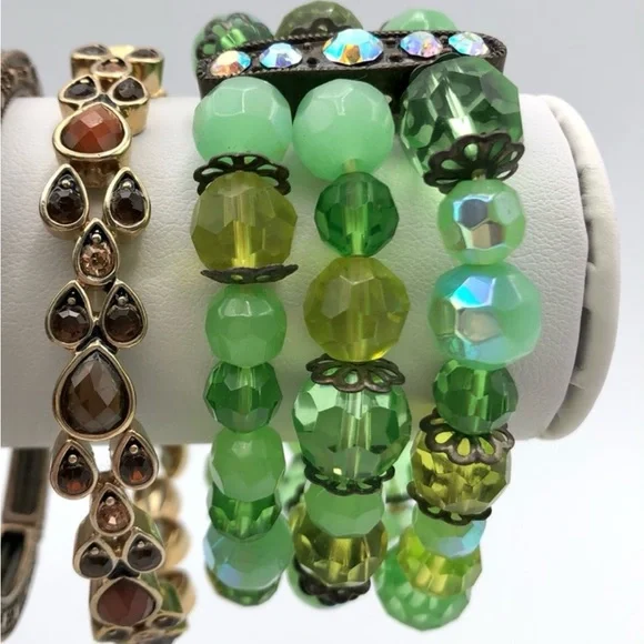 πΈ3/$25 Vintage Triple Strand Green Beaded Rhinestone Stretch Bracelet Faceted - Picture 6 of 16
